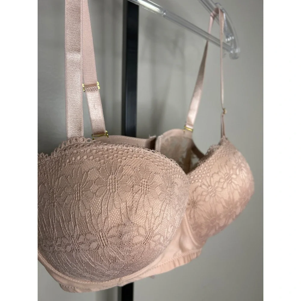 Nude Floral Lace Balconette Bra‎ 95D(36D) Underwire Padded Nude Pink Lingerie